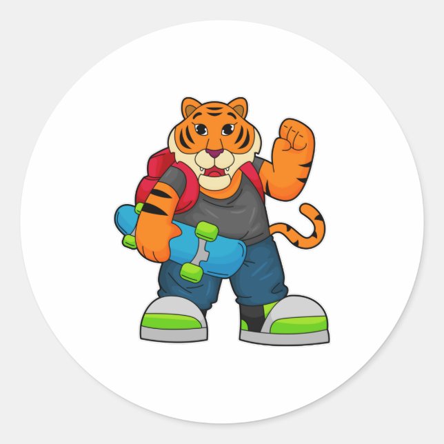 Tiger as Skater with Skateboard Classic Round Sticker (Front)