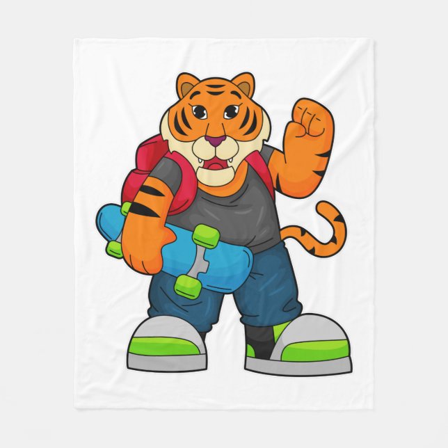 Tiger as Skater with Skateboard Fleece Blanket (Front)