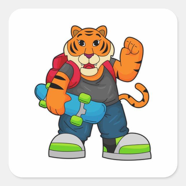 Tiger as Skater with Skateboard Square Sticker (Front)