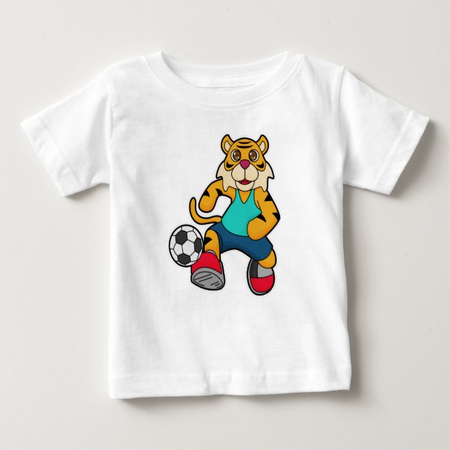 Tiger as Soccer player with Soccer ball Baby T-Shirt (Front)