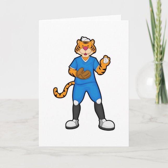 Tiger at Baseball with Baseball glove & Cap Card (Front)
