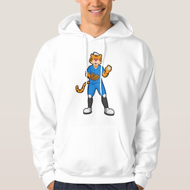 Tiger at Baseball with Baseball glove & Cap Hoodie (Front)