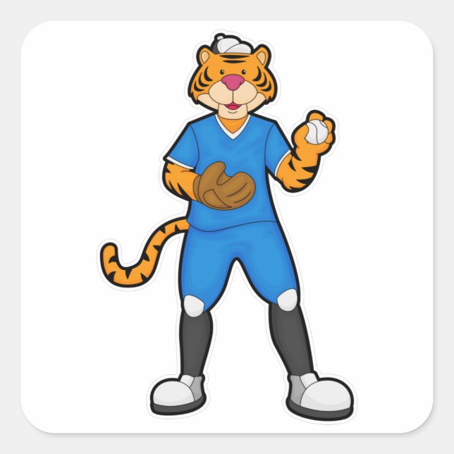 Tiger at Baseball with Baseball glove & Cap Square Sticker (Front)