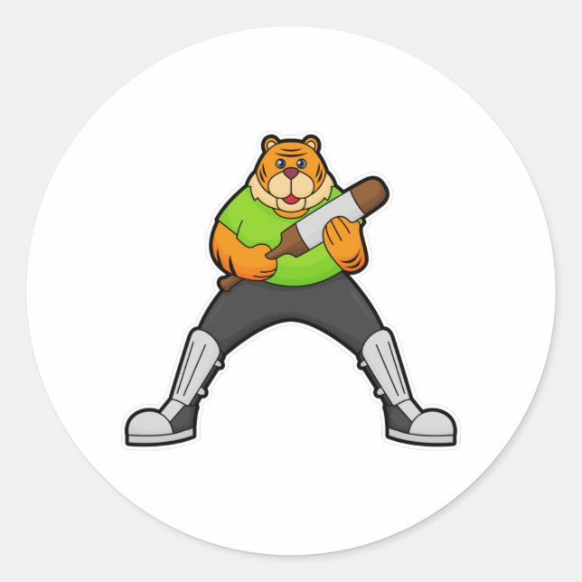 Tiger at Cricket with Cricket bat Classic Round Sticker (Front)