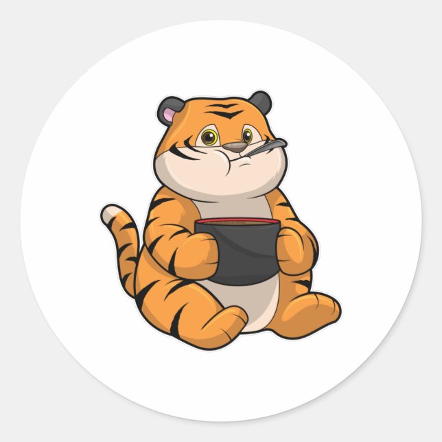 Tiger at Eating with Bowl Classic Round Sticker (Front)