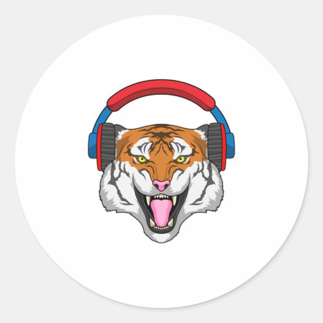 Tiger at Music with Headphone Classic Round Sticker (Front)