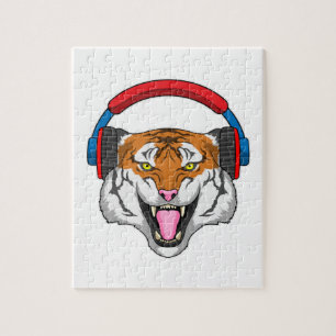 Tiger at Music with Headphone Jigsaw Puzzle