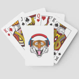 Tiger at Music with Headphone Playing Cards