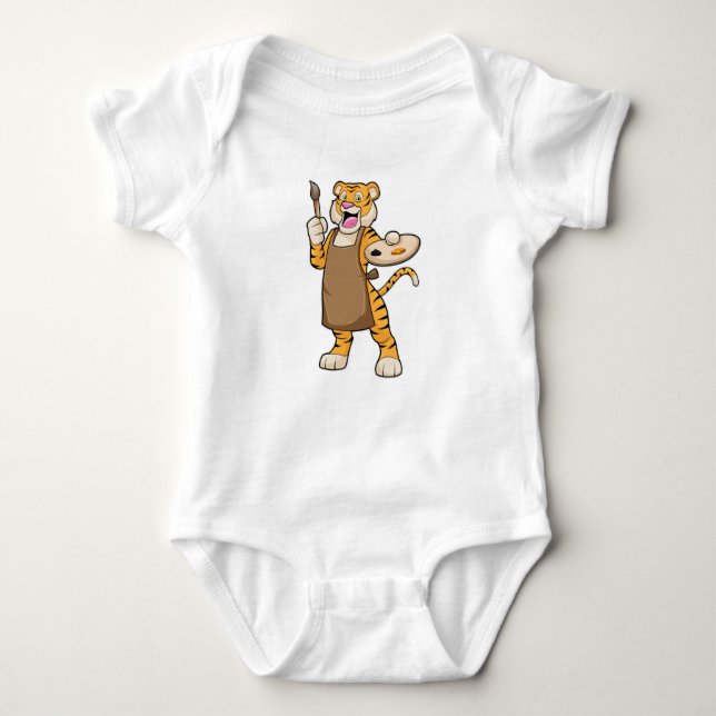 Tiger at Painting with Paint & Brush Baby Bodysuit (Front)