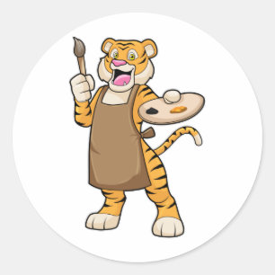 Tiger at Painting with Paint & Brush Classic Round Sticker