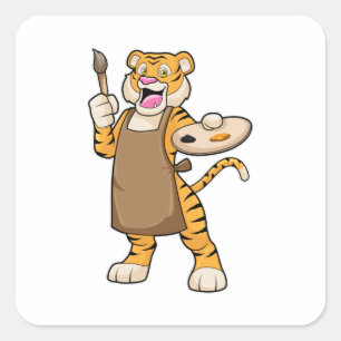 Tiger at Painting with Paint & Brush Square Sticker