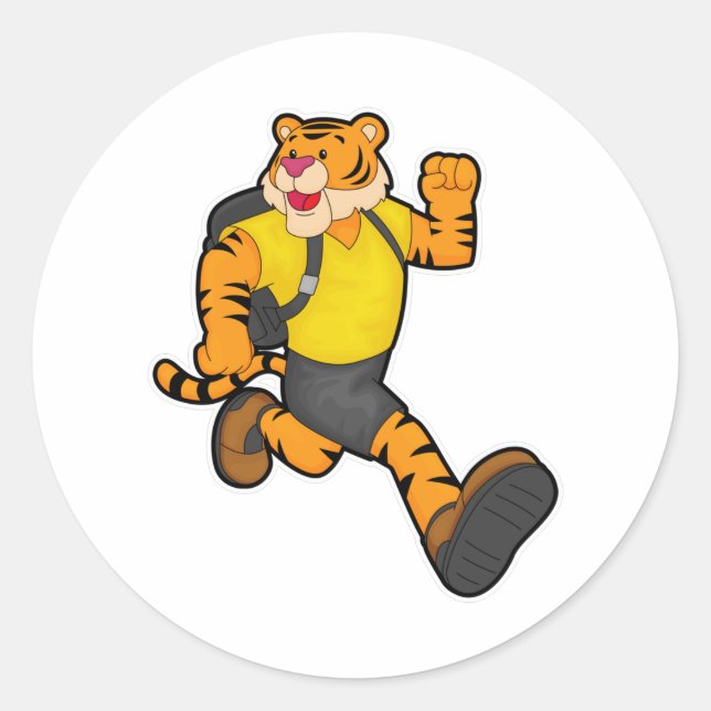Tiger at Running with Backpack Classic Round Sticker (Front)