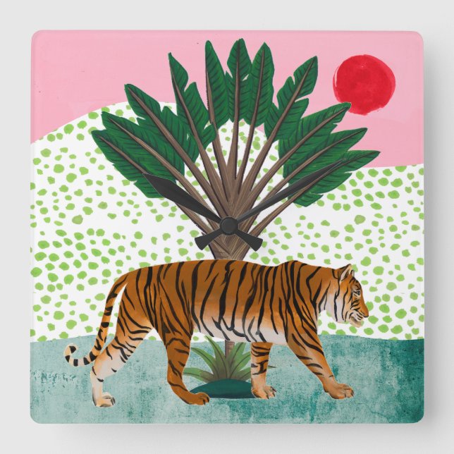 Tiger at Sunset Square Wall Clock (Front)
