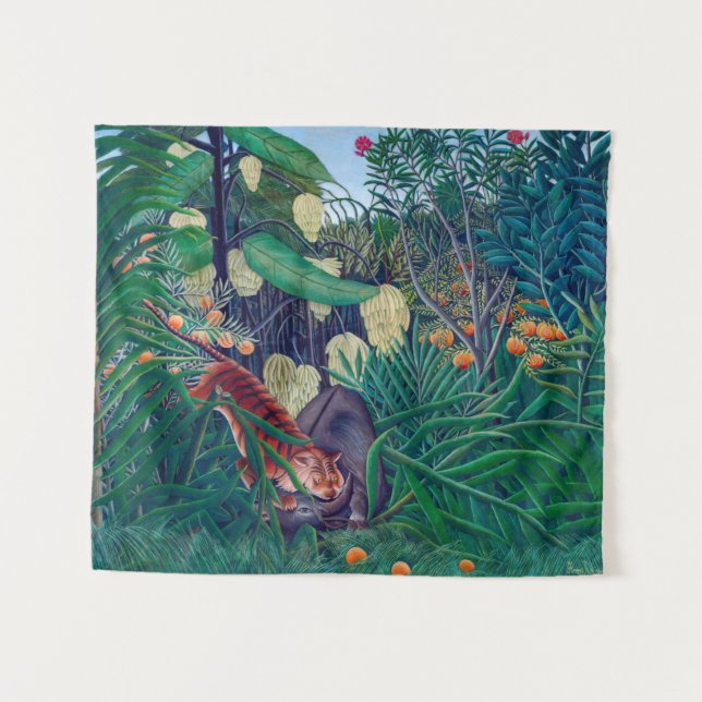 Tiger Attacking Buffalo in Exotic Tropical Jungle Tapestry (Front (Horizontal))