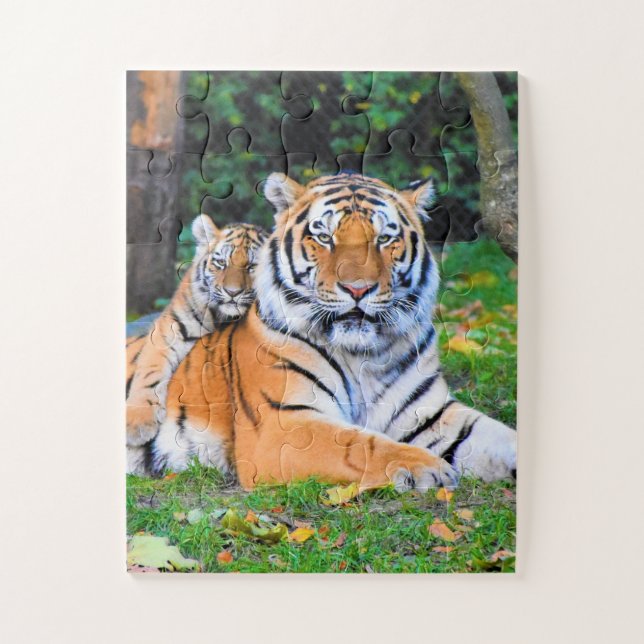 Tiger & Baby Posing Beautifully in Grass Together Jigsaw Puzzle (Vertical)