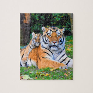 Tiger & Baby Posing Beautifully in Grass Together Jigsaw Puzzle
