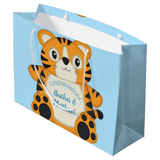 Tiger Baby Shower Blue Large Gift Bag (Back Angled)