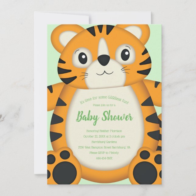 Tiger Baby Shower Green Invitation (Front)