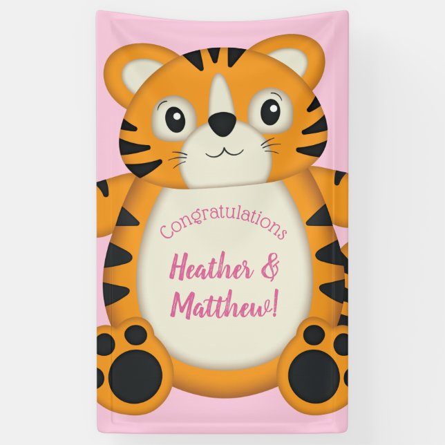 Tiger Baby Shower Safari Pink Girl Banner (Vertical)