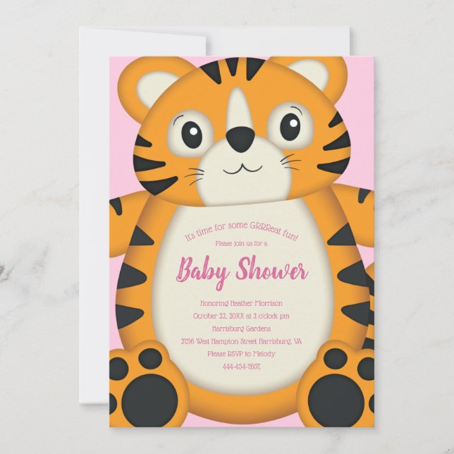 Tiger Baby Shower Safari Pink Girl Invitation (Front)