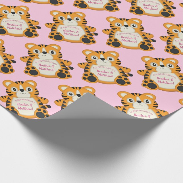 Tiger Baby Shower Safari Pink Girl Wrapping Paper (Corner)