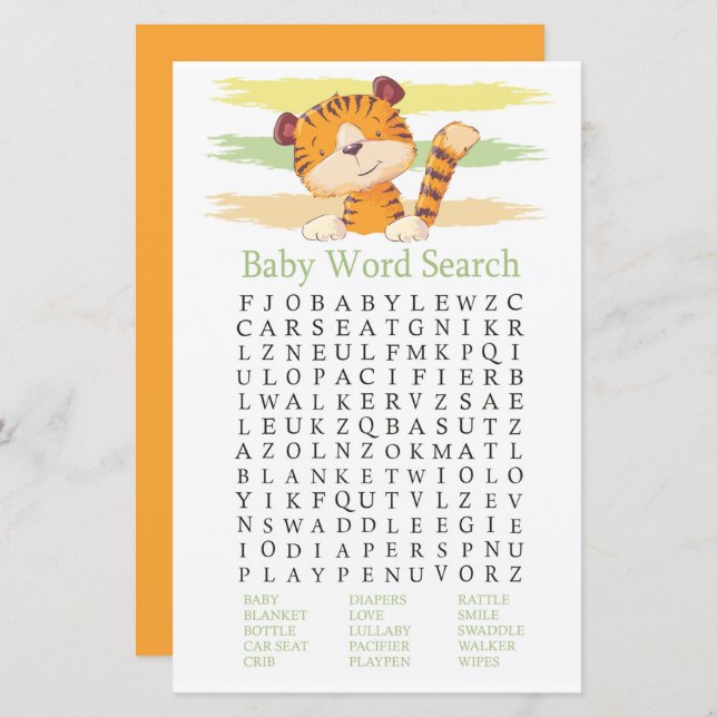 Tiger Baby Shower Word Search Game (Front/Back)