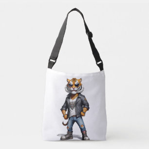 Tiger Biker Rebel in Leather Jacket Cool Style Crossbody Bag