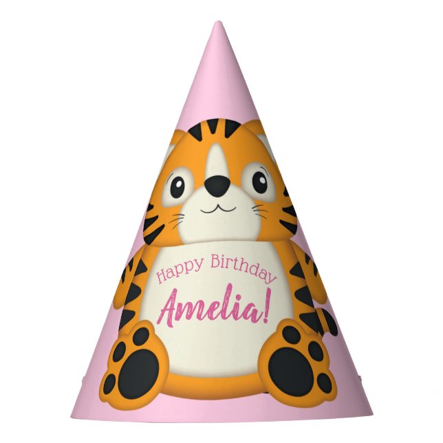 Tiger Birthday Party Pink Party Hat (Front)