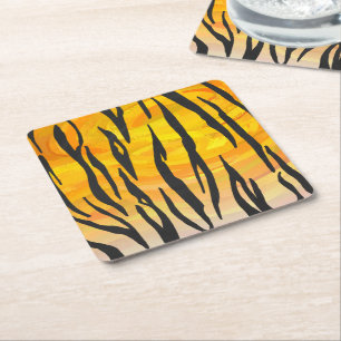 Tiger Black and Orange Print Square Paper Coaster
