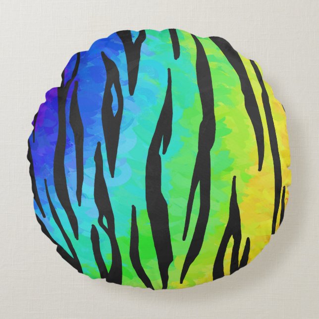 Tiger Black and Rainbow Stuff Round Cushion (Front)