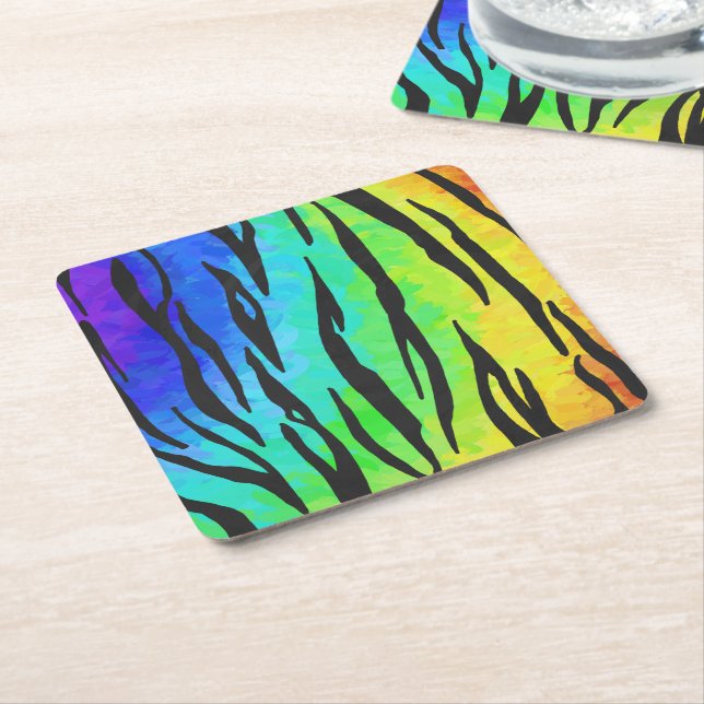 Tiger Black and Rainbow Stuff Square Paper Coaster (Angled)