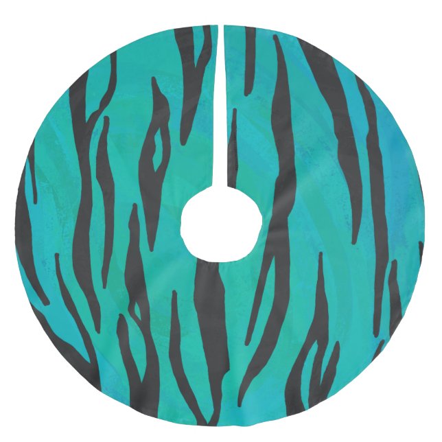 Tiger Black and Teal Print Brushed Polyester Tree Skirt (Front)