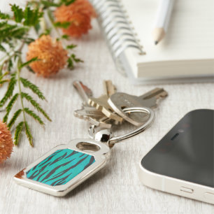 Tiger Black and Teal Print Key Ring