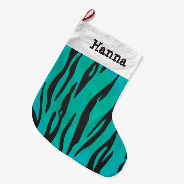 Tiger Black and Teal Print Large Christmas Stocking (Front (Hanging))