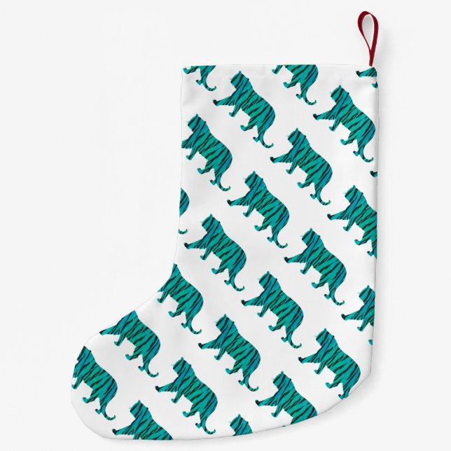 Tiger Black and Teal Print Small Christmas Stocking (Back)