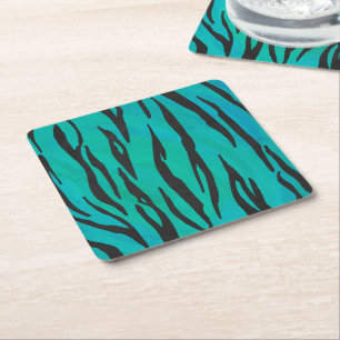 Tiger Black and Teal Print Square Paper Coaster