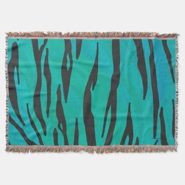 Tiger Black and Teal Print Throw Blanket (Front)