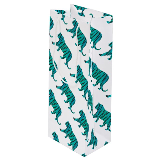 Tiger Black and Teal Print Wine Gift Bag (Front Angled)