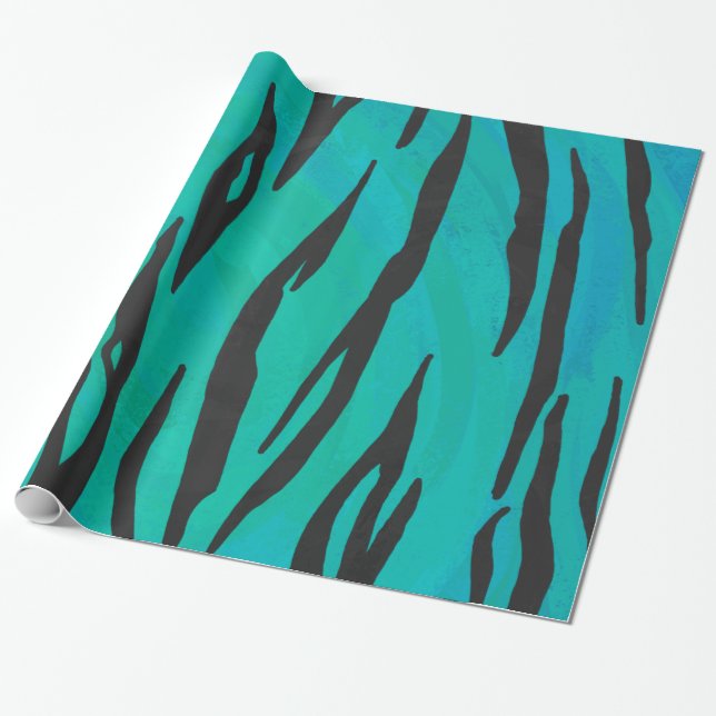 Tiger Black and Teal Print Wrapping Paper (Unrolled)