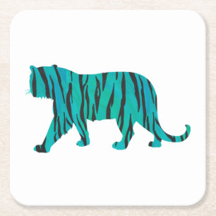 Tiger Black and Teal Silhouettes Square Paper Coaster