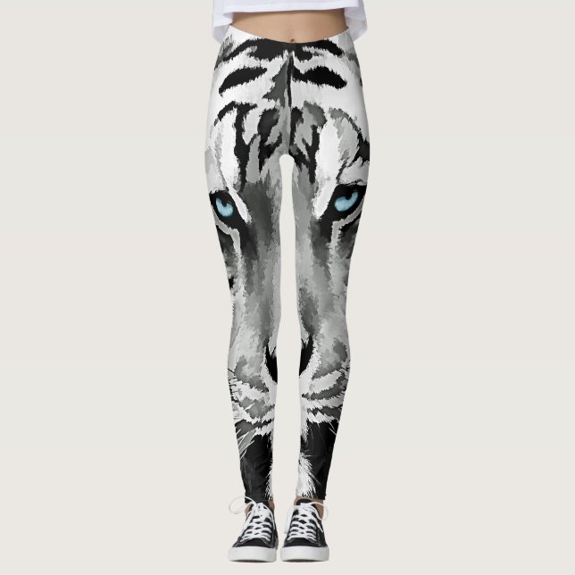 Tiger Black and White Blue eyes Leggings (Front)