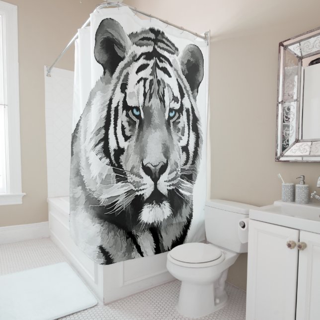 Tiger Black and White Blue eyes Shower Curtain (In Situ)