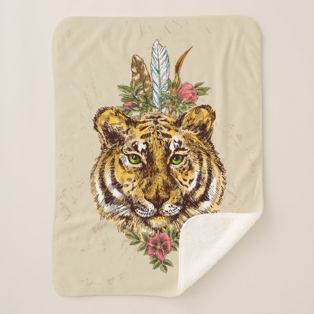 Tiger Boho Style Portrait Sherpa Blanket (Front)