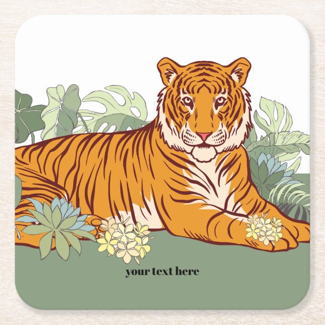 Tiger boy party, animal jungle square paper coaster (Front)