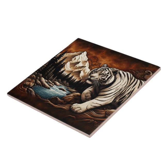 Tiger by River in Mountain Scene Ceramic Tile (Side)