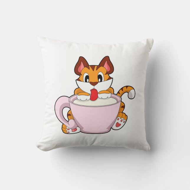 Tiger cat with Cup of Milk.PNG Cushion (Front)