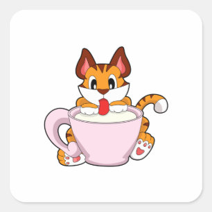 Tiger cat with Cup of Milk.PNG Square Sticker