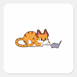 Tiger cat with Mouse Square Sticker