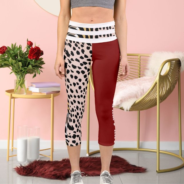 Tiger Cheetah Pattern Print Spot Black Deep Red Capri Leggings (Creator Uploaded)