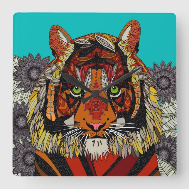 tiger chief turquoise square wall clock (Front)